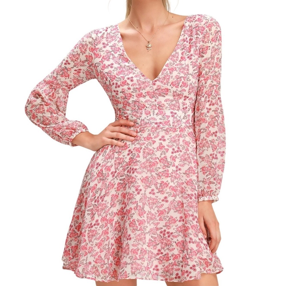 BB DAKOTA Sunday Brunch Pink Floral Long Sleeve Mini Dress Sz 6 Boho Cottagecore